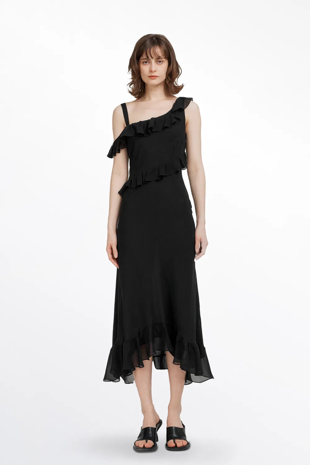 Calla Asymmetrical Ruffle Dress in Georgette Silk