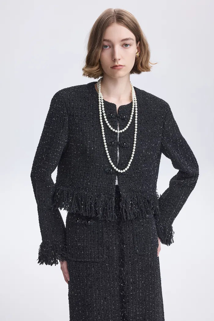 Violette Handcrafted Fringe Jacket in Lambswool Lurex Tweed