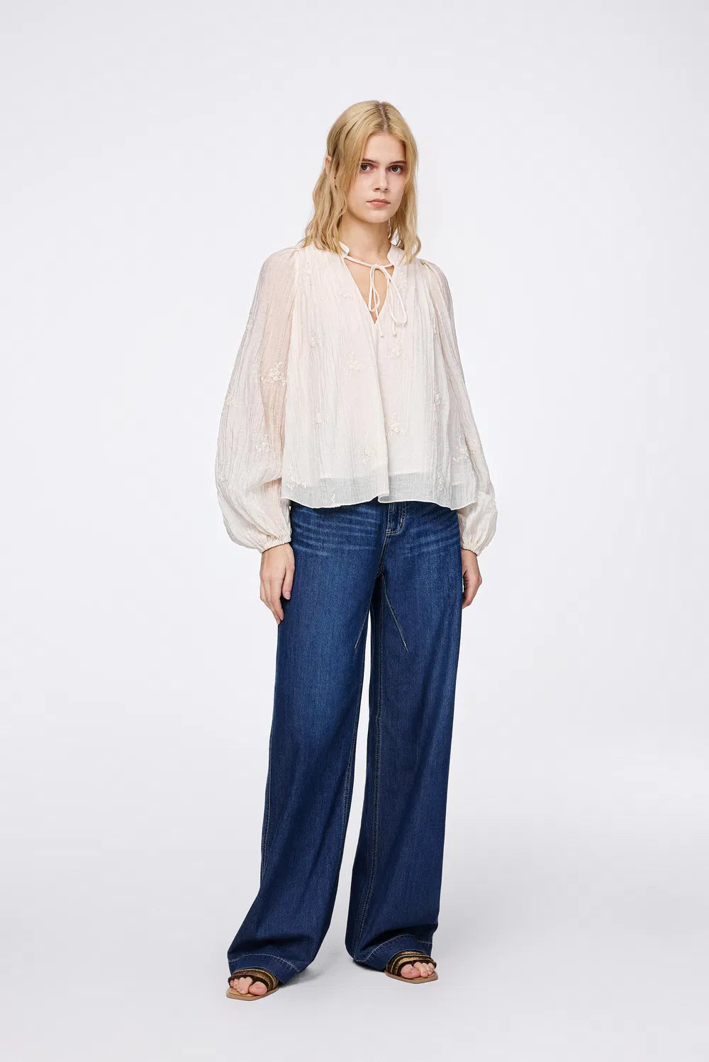 Lucienne Pleated Embroidery Blouse in Tencel Blend