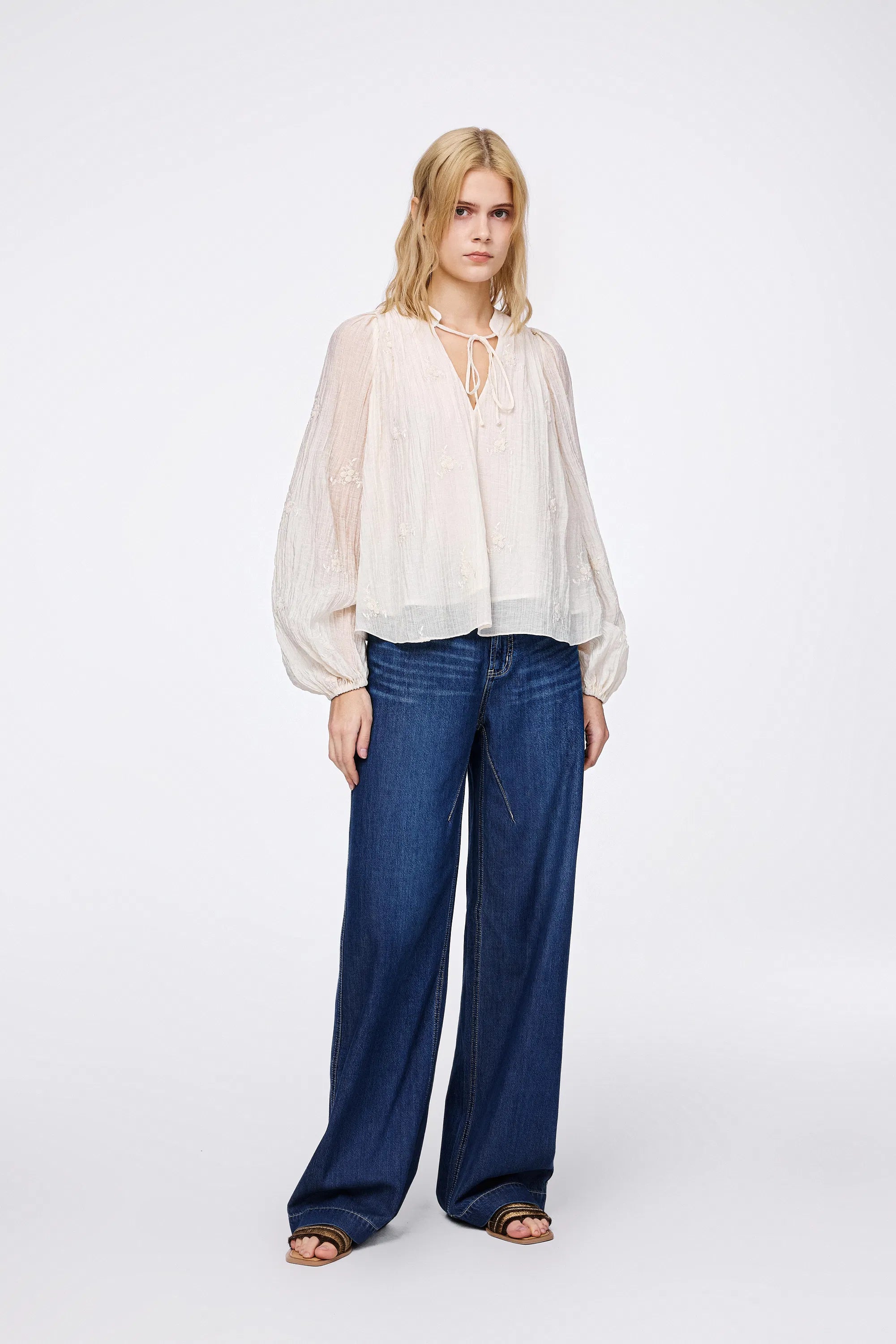 Lucienne Pleated Embroidery Blouse in Tencel Blend