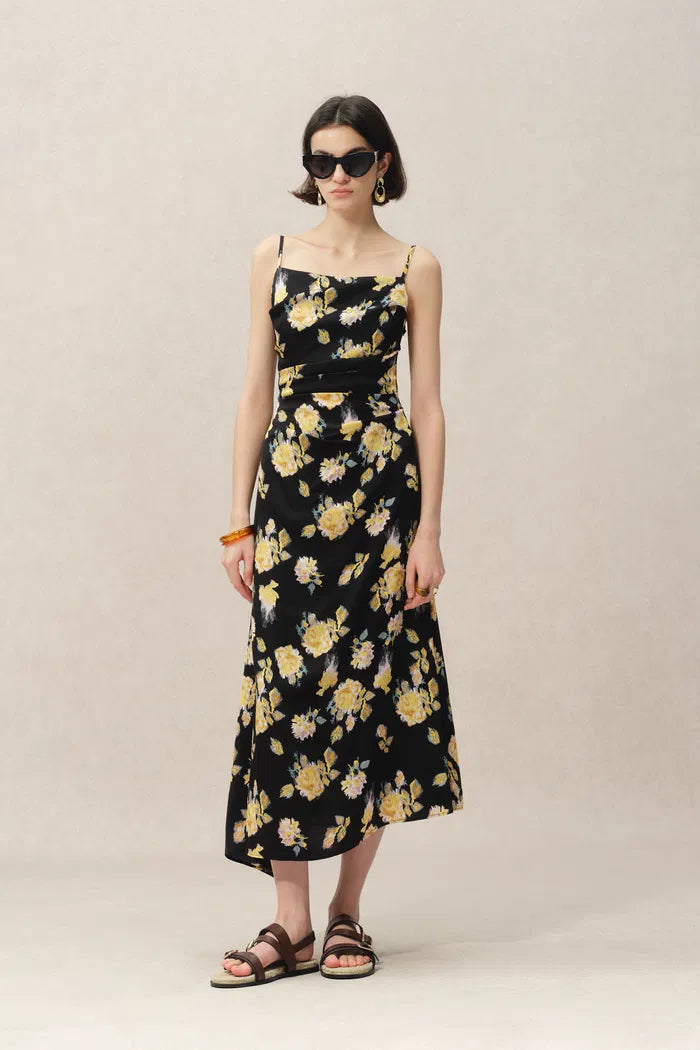 Vivian Flora Strap Dress in 22MM Mulberry Silk