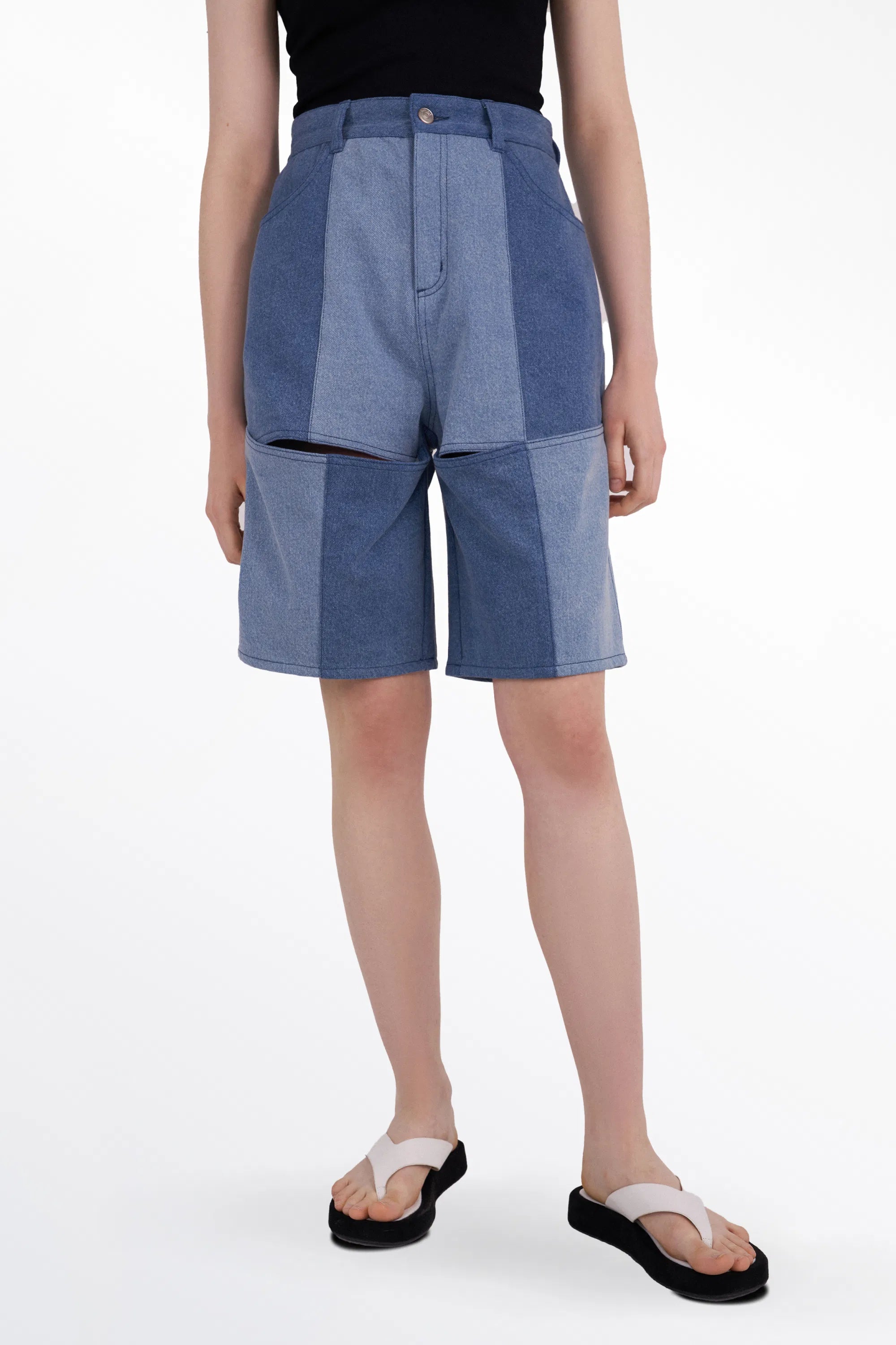 Wader Color Block Shorts in Washed Denim