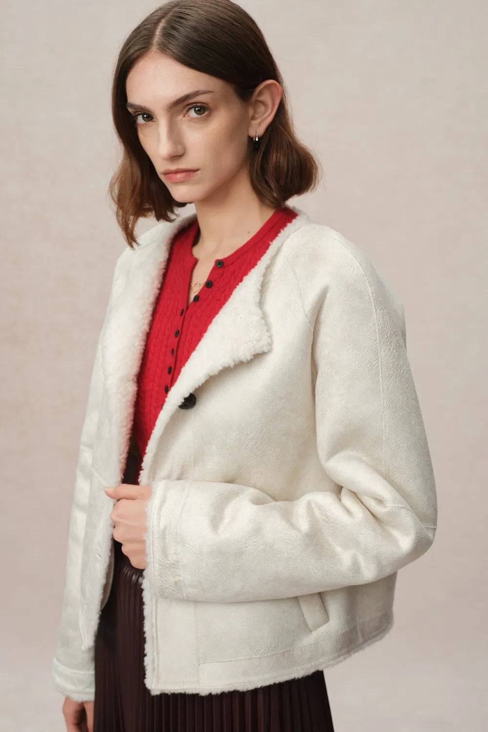 Arran Hand Braided Leather Button Short Coat in Faux Sheepskin