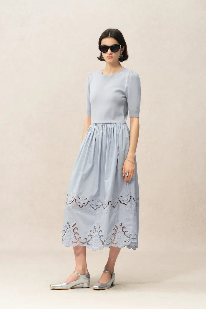 Amy Mixed Fabric Dress in Tencel-Silk and Poplin