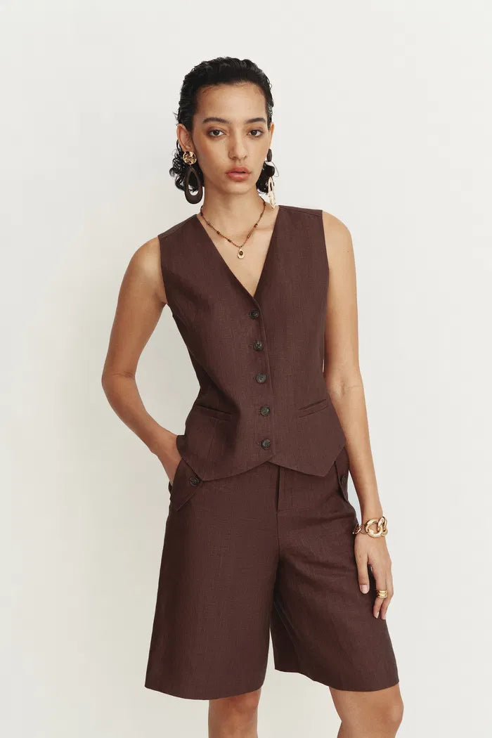 Evelyn Adjustable Belt Vest Top in Linen Herringbone