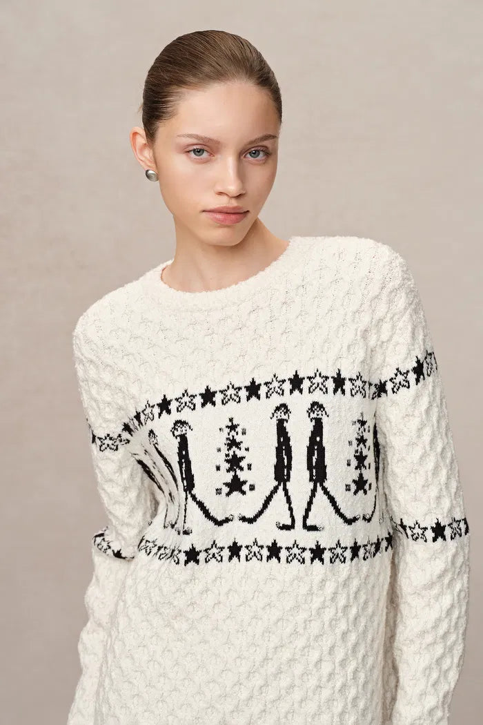 Star Walker White Fair Isle Pullover in Viscose Wool Pom-Pom Yarn Knit