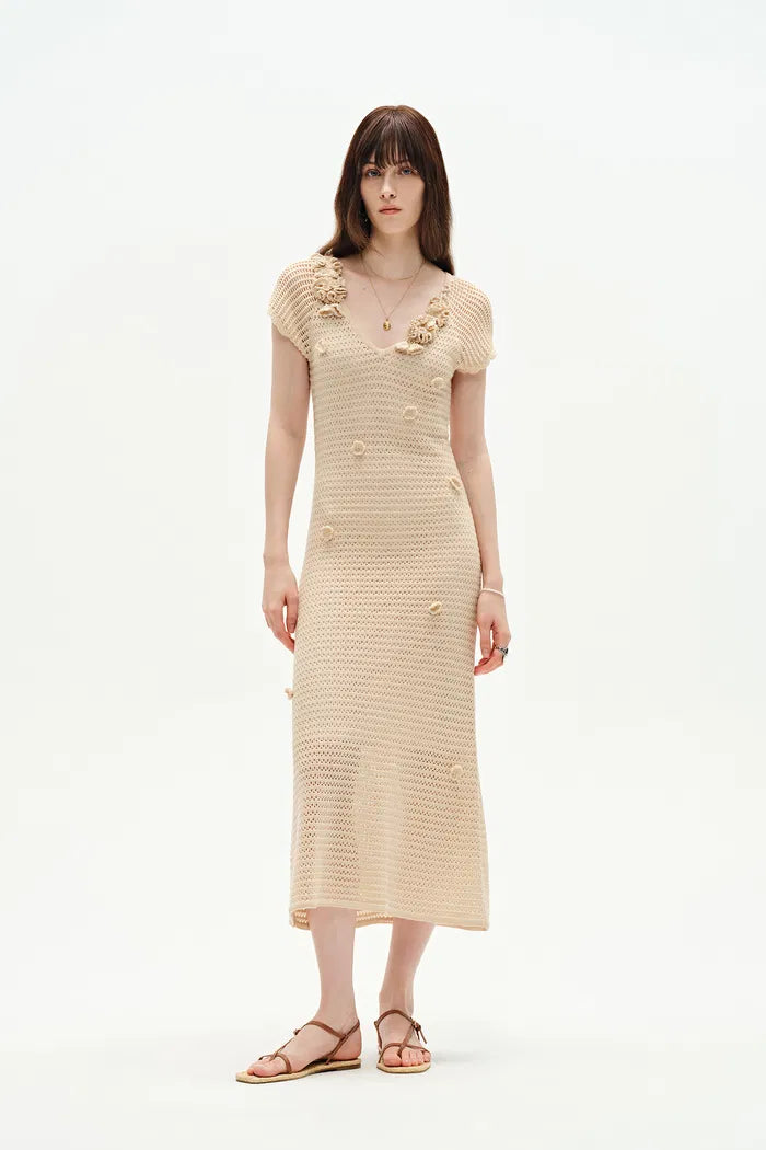 Arali Hand Crocheted Floral Applique Dress in Lyocell Cashmere