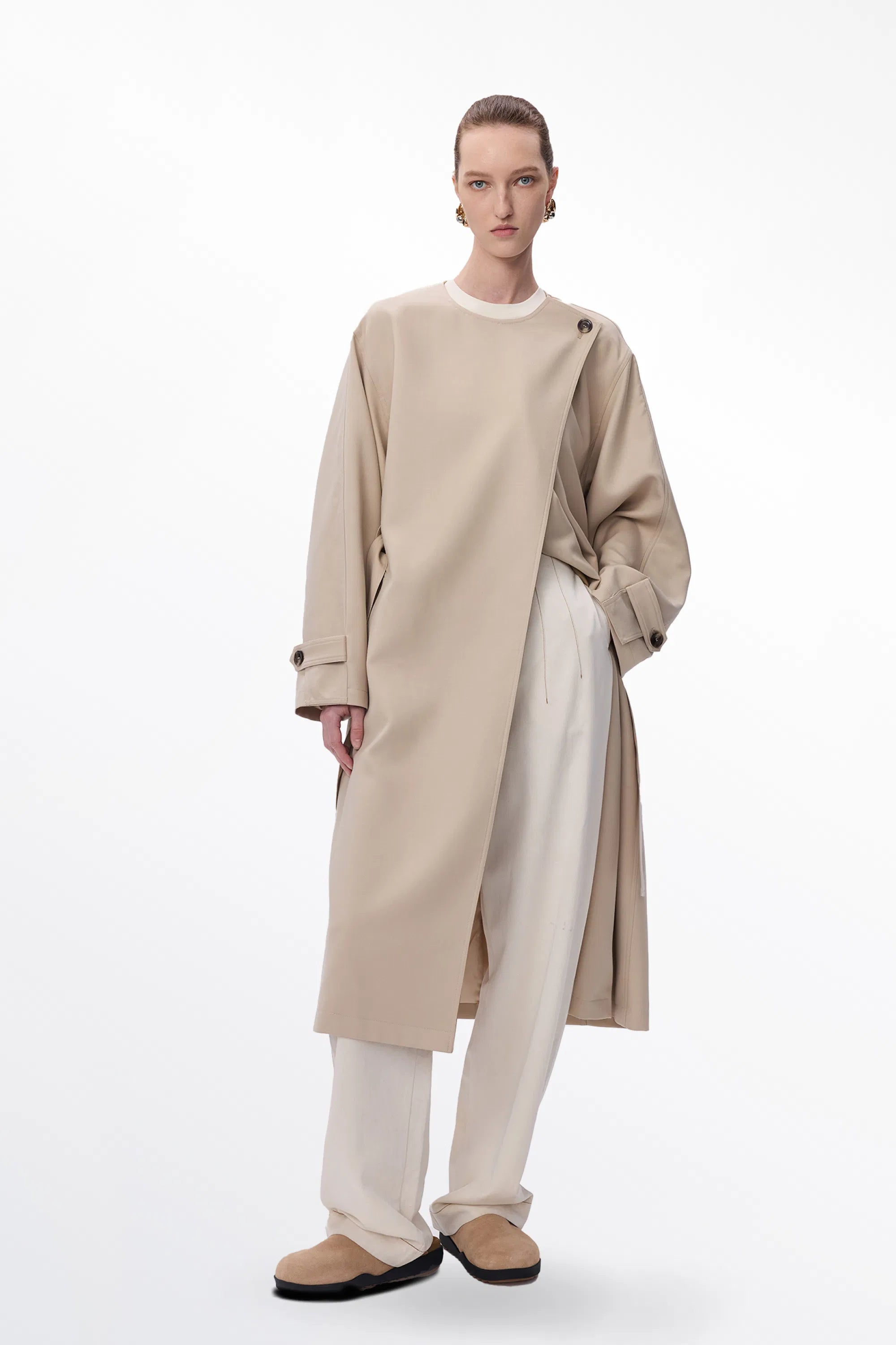 Hilda Single Button Collarless Trench in Wool Fine Twill