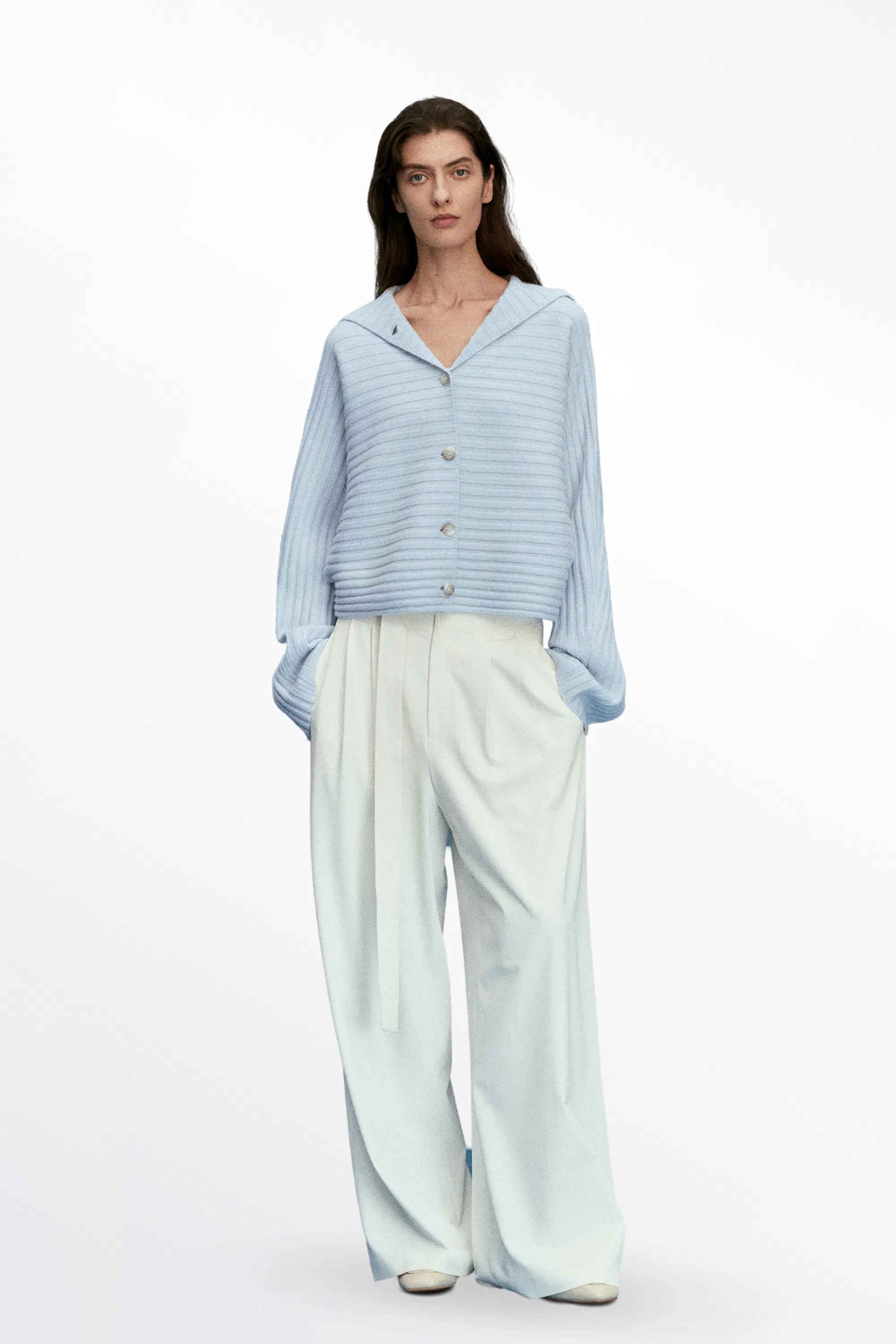 Charlotte Turtleneck Ribbed Knit Cardigan in Merino Wool-Cashmere