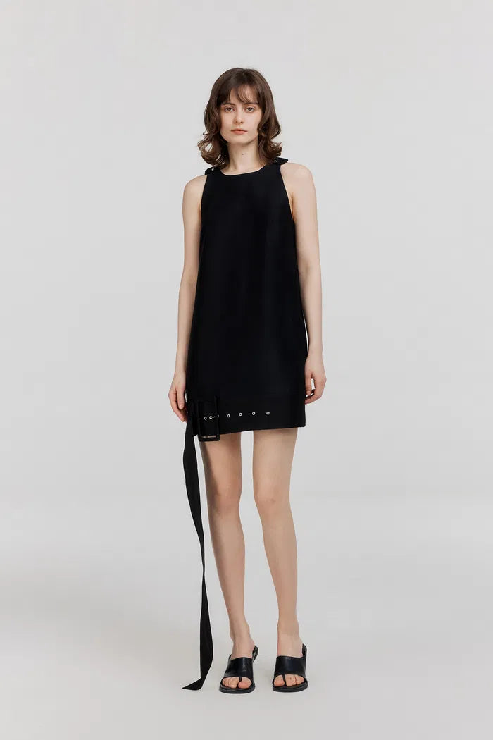 Caspian Buckle Dress in Wool Silk Blend