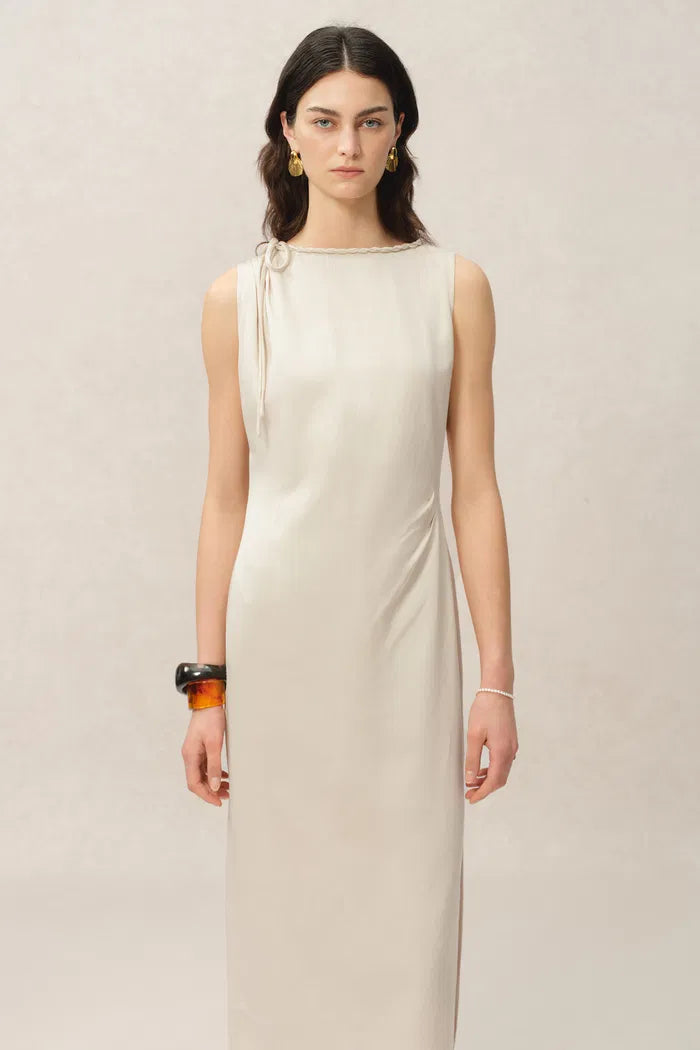 Devon Hand Woven Neckline Sleeveless Dress in Linen