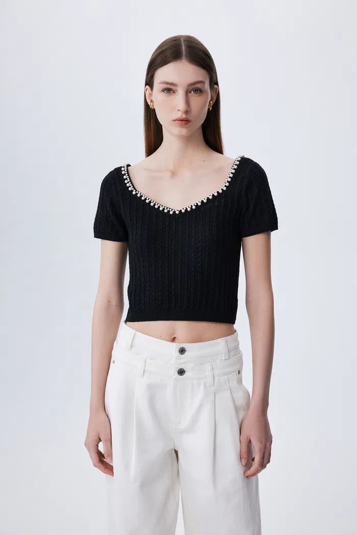 Andromeda Pearl Embellished Collar Top in Silk Wool Blend