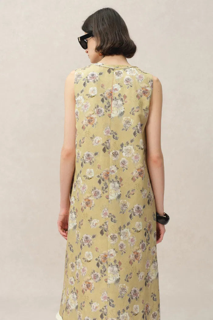 Sienna V Neck Flora Print Dress in Linen