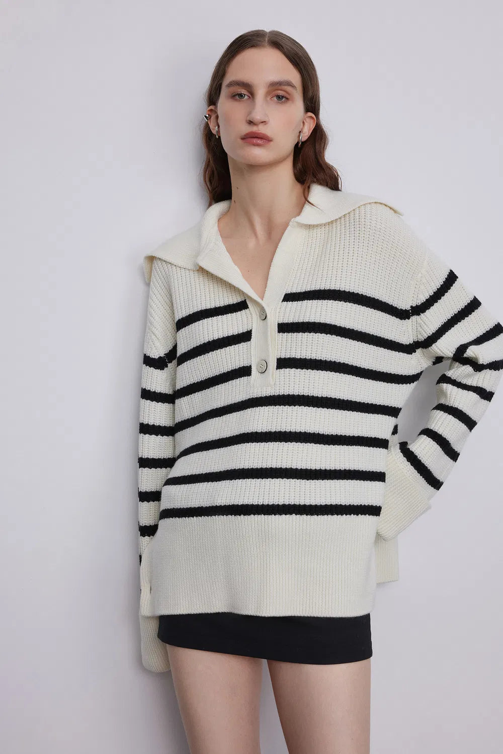 Shelley Striped Oversized Collar Sweater in Wool Knit