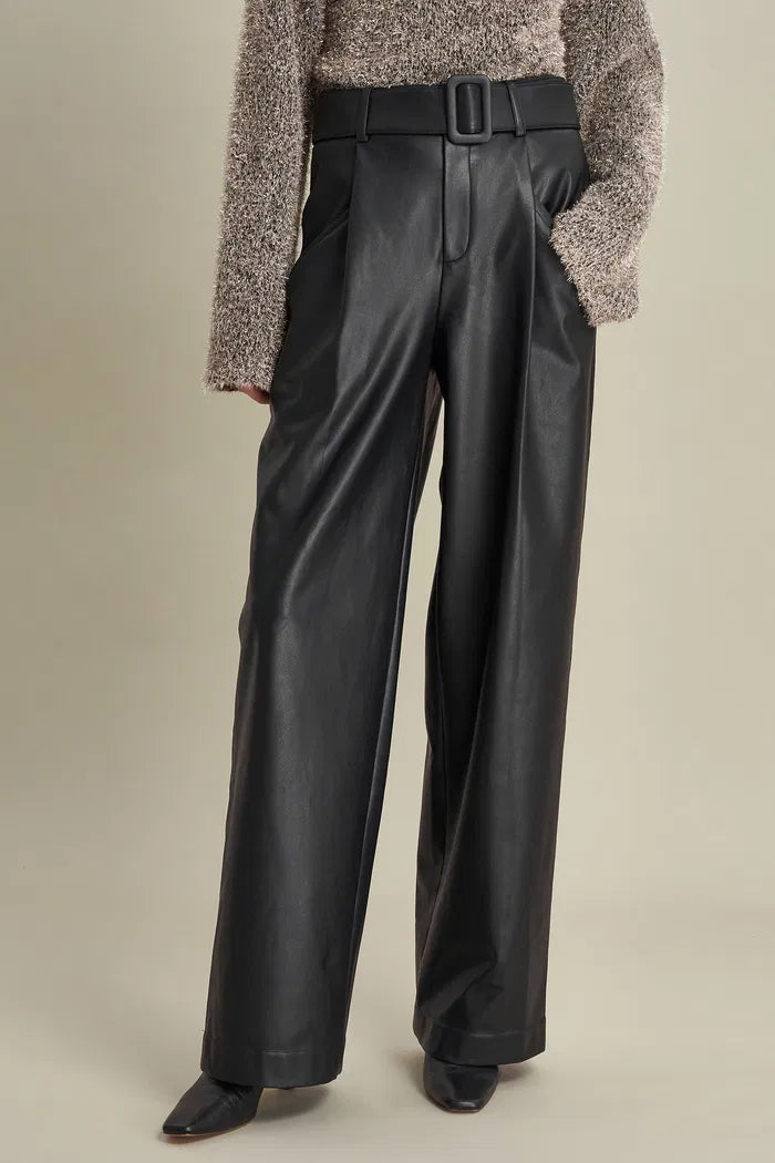 Bitume Belted Straight Leg Baggy Pants in Vegan Leather