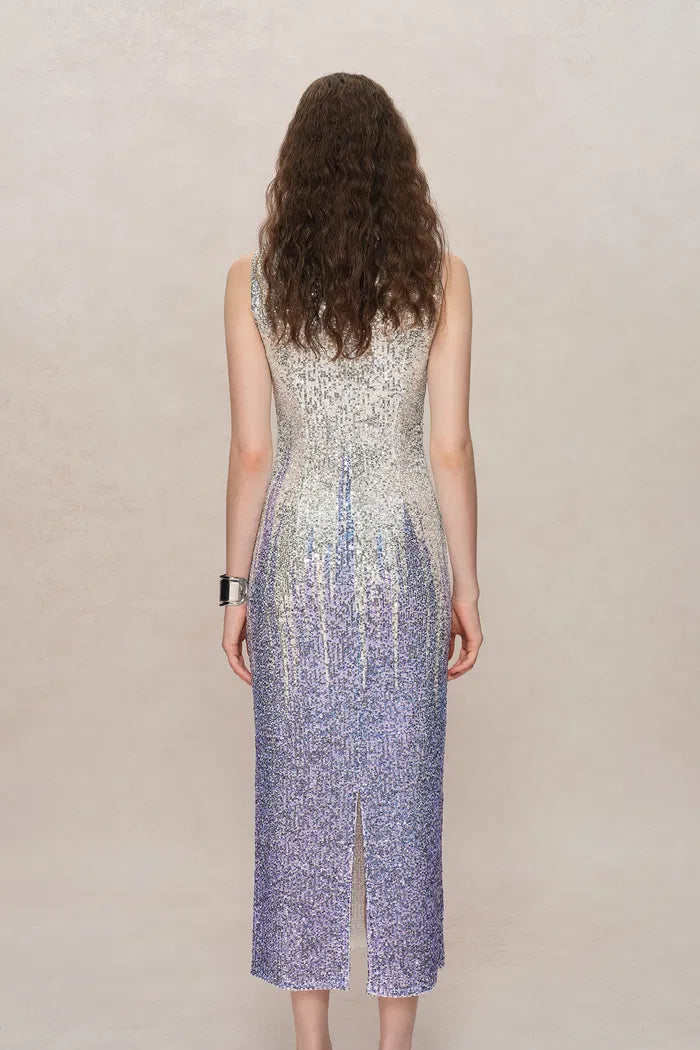 Tulip Silver Ombré Midi Dress in Stretch Sequin Mesh