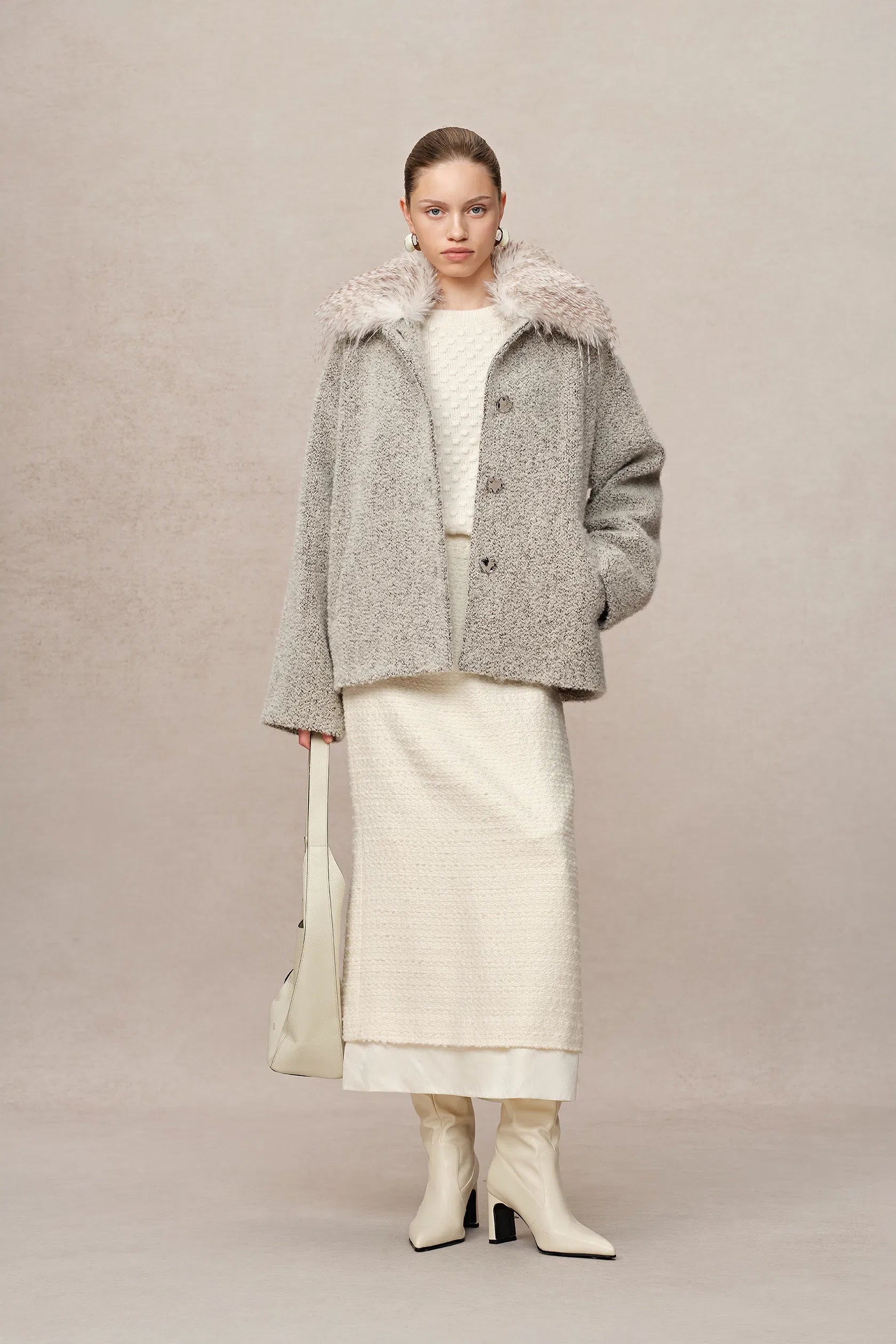 Blossom Detachable Fur Collar Coat in Ultra-Light Alpaca Bouclé