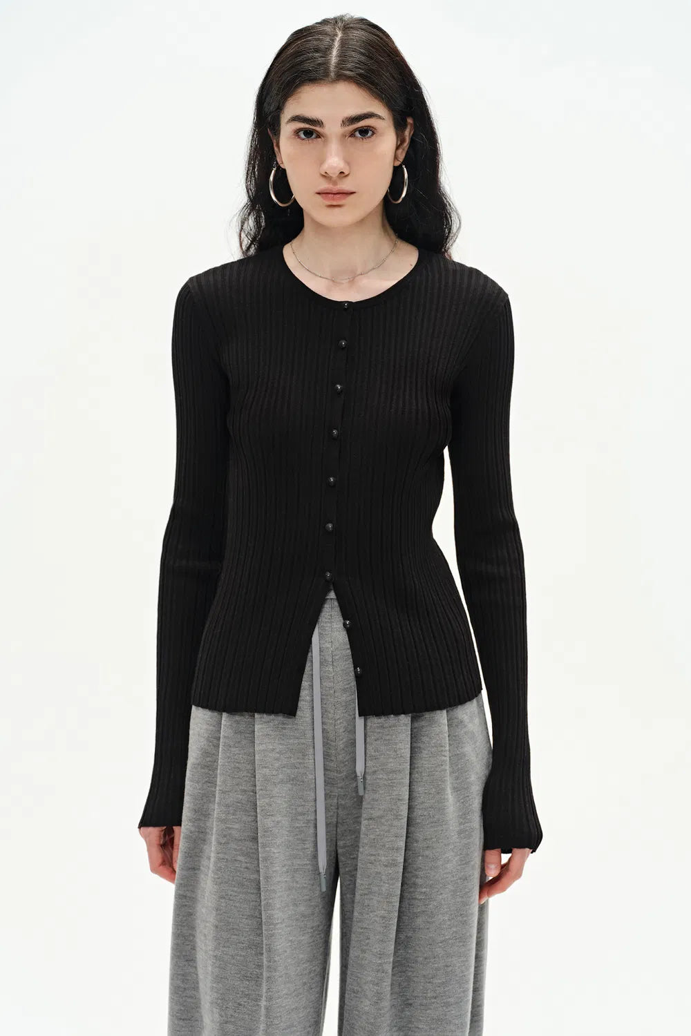 Emma Black Fitted Cardigan in Cotton Blend Yarn Knit