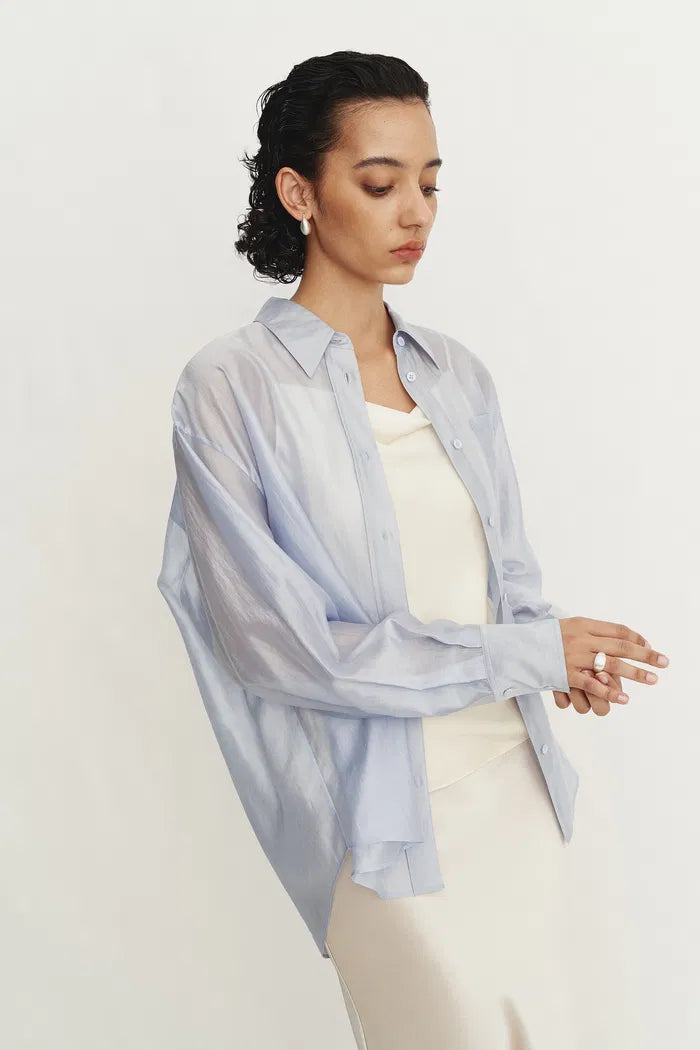 Bella Blue Sheer Button-Up Shirt in Organza