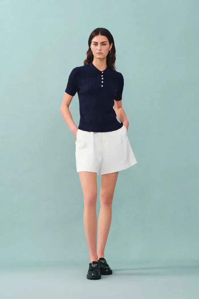 Gracia Blue Polo Top in High Stretch Cable Knit