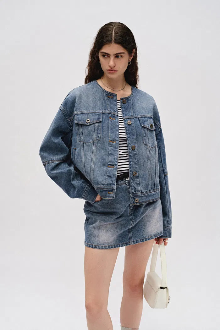 Helmingham Round Neck Jacket in Lyocell Denim