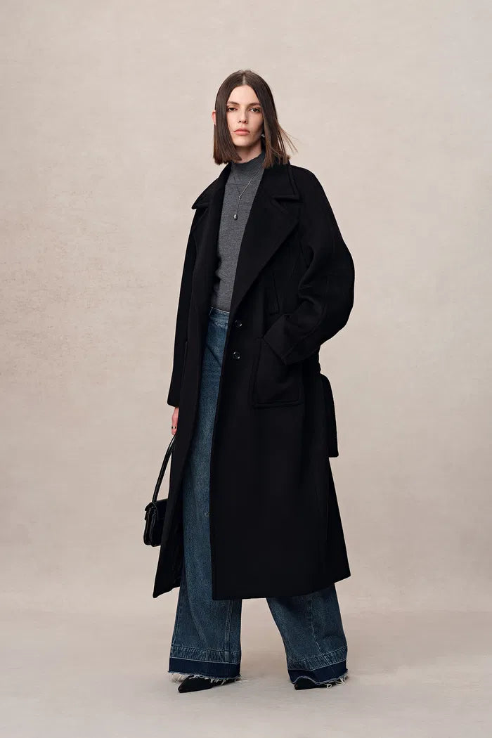 Rond Black Maxi Lapel Long Coat in Merino Cashmere Blend