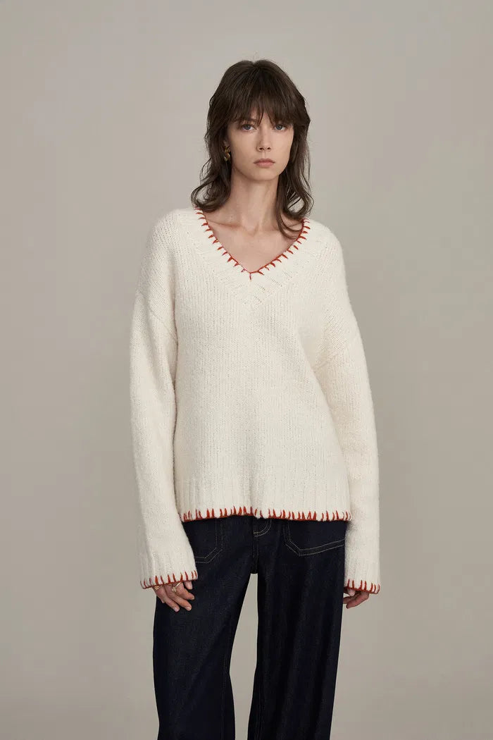 Inna Embroidered Trim Sweater in Wool Bouclé Knit