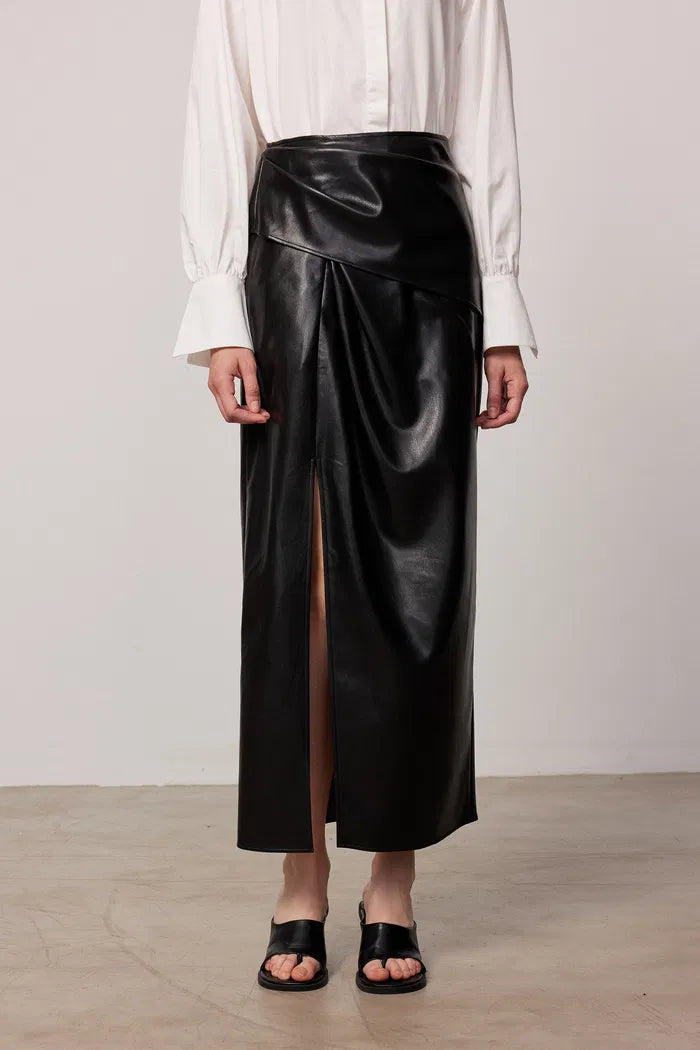 Leona Pleated Slit Skirt in Vegan Leather