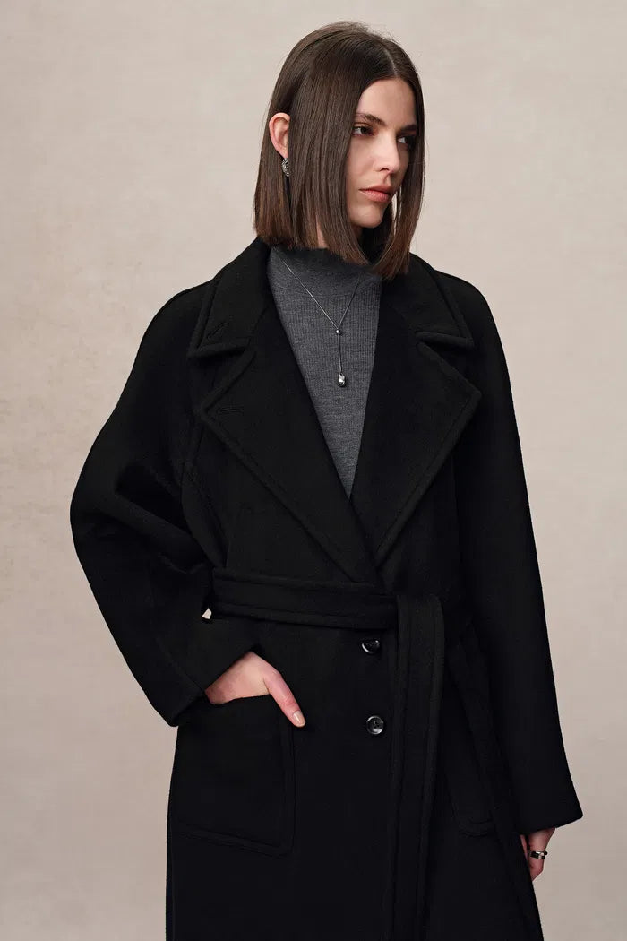 Rond Black Maxi Lapel Long Coat in Merino Cashmere Blend