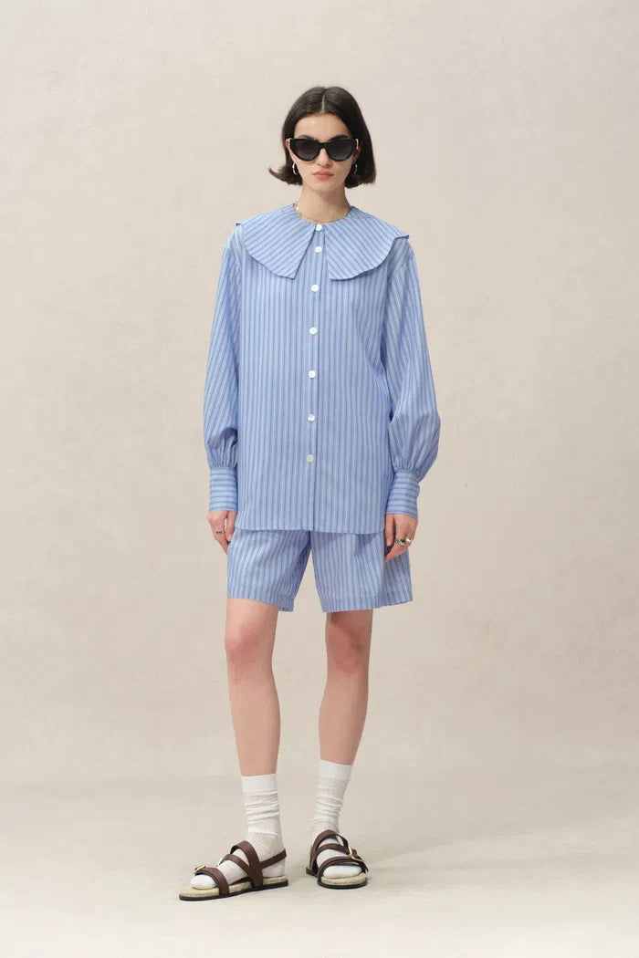 Fiona Detachable Collar Striped Shirt and Shorts Set in Lyocell