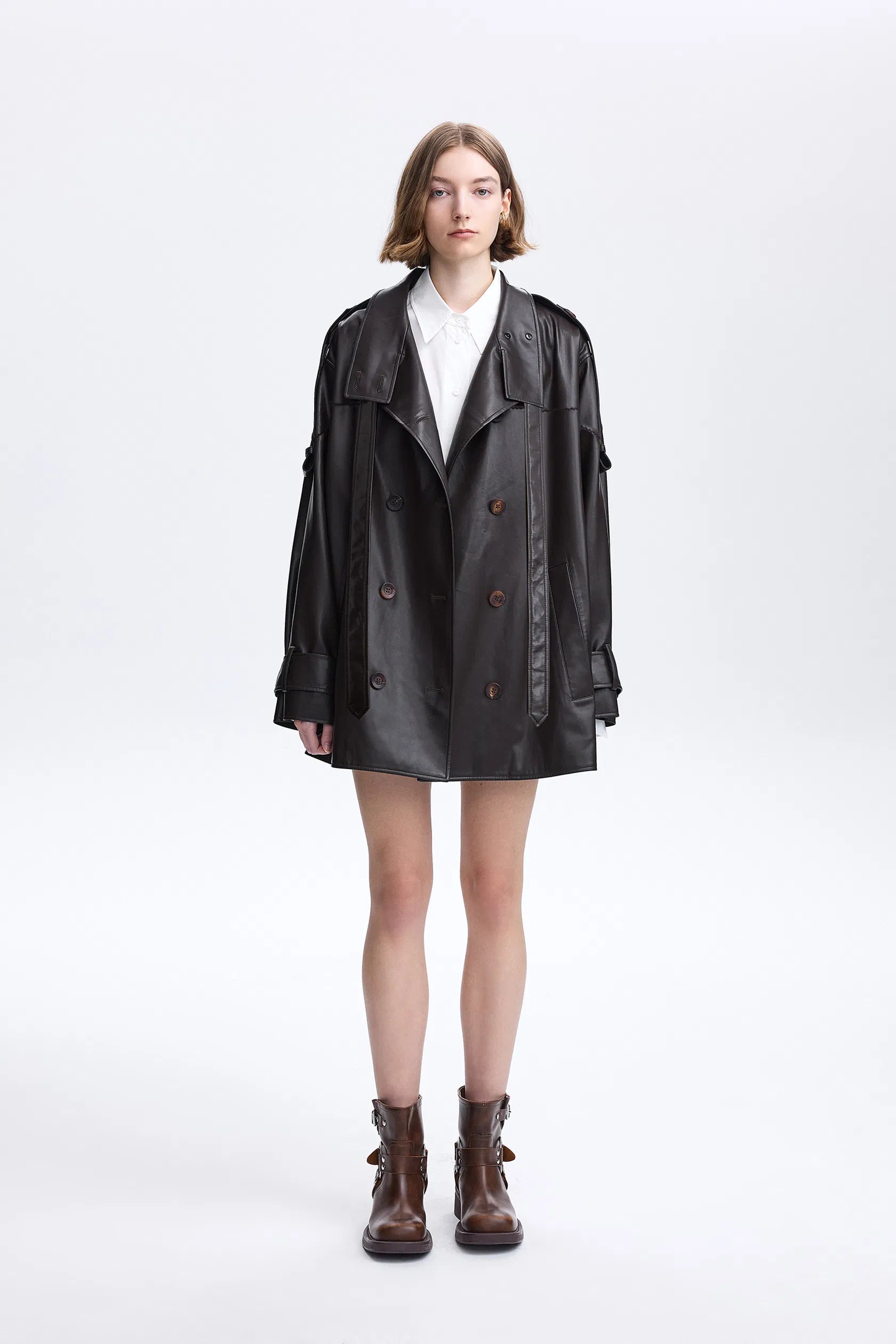 Liu Cape Oversized Short Trench Coat in Vegan Leather