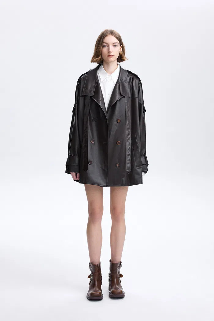 Liu Cape Oversized Short Trench Coat in Vegan Leather