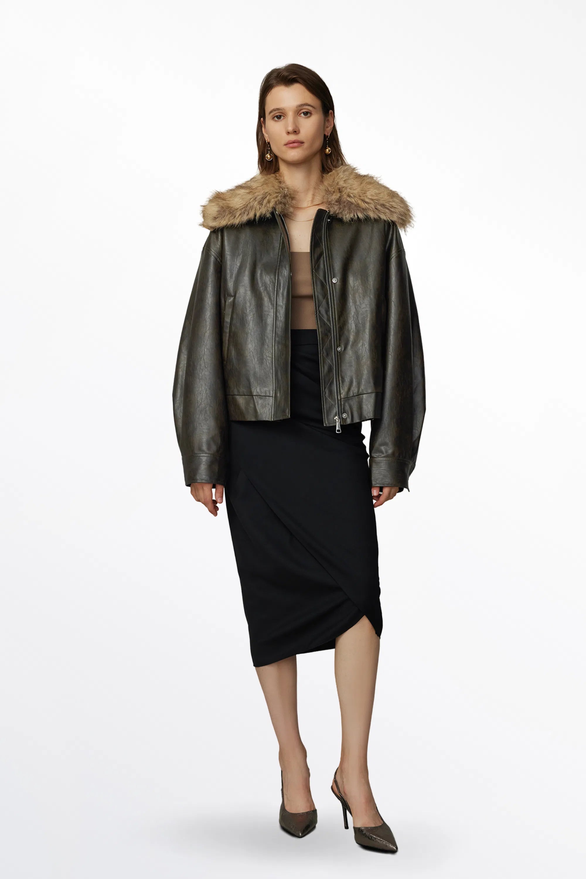 Ria Removable Quilted Lining Jacket in Vegan Leather with Faux Fur