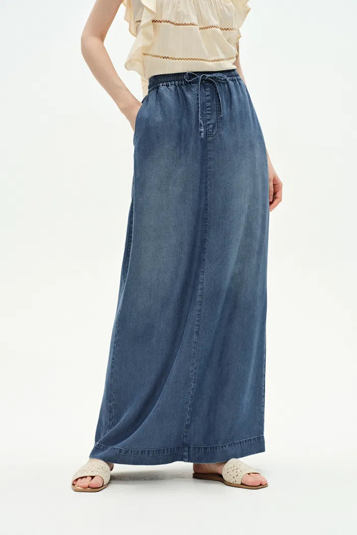 Nix Denim Maxi Skirt in Cotton Linen Blend