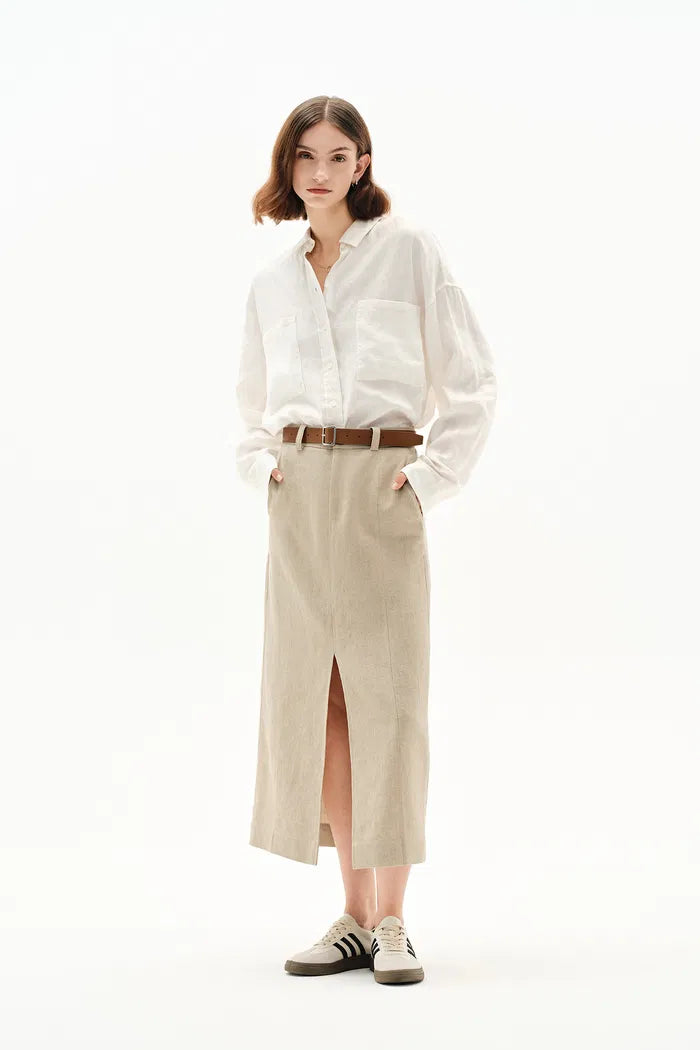 Lauren High Rise Midi Skirt in in Dew Retted French Linen