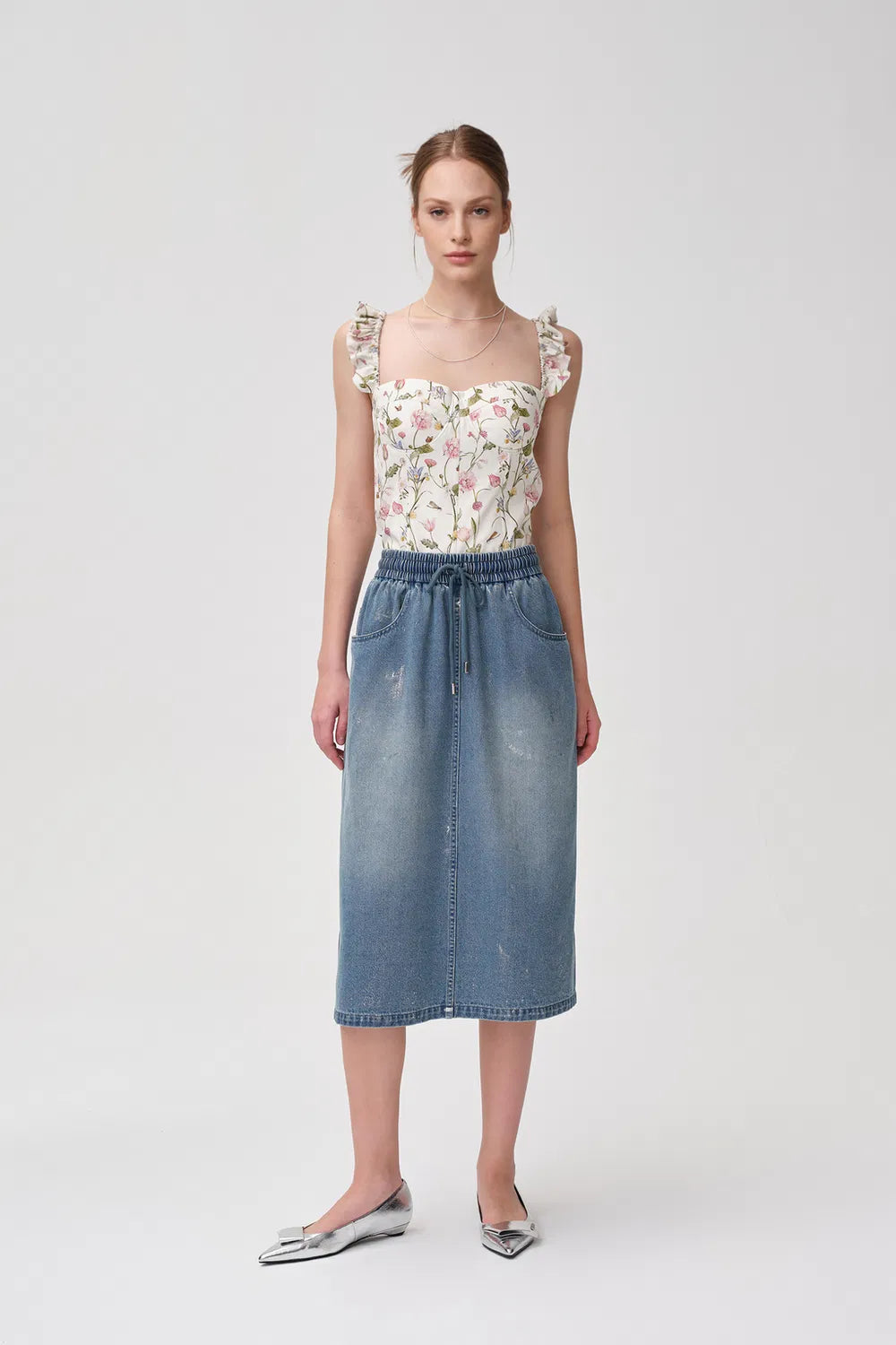 Dulsie Shimmer Midi Skirt in Cotton Denim