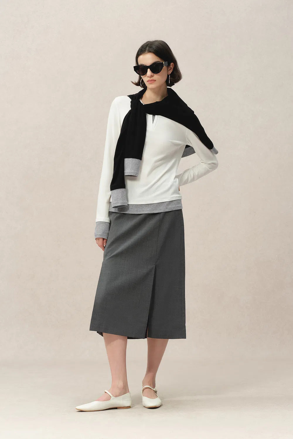 Maya White and Grey Layered Look Block Top in Tencel-Merino Tech