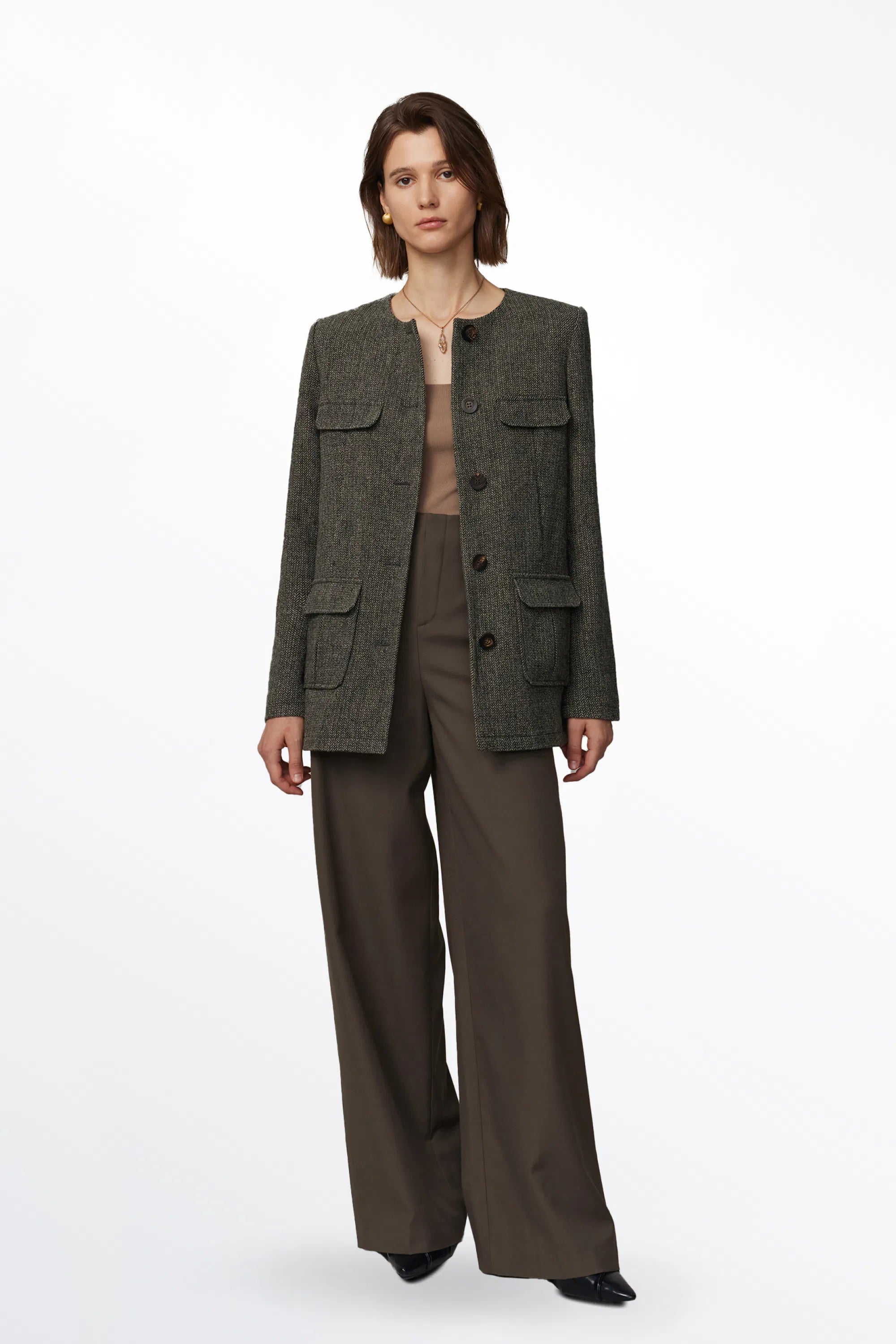 Lyudmila Safari Pockets Blazer in Wool Herringbone