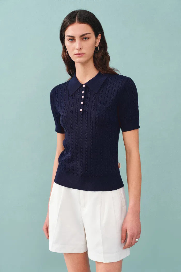 Gracia Blue Polo Top in High Stretch Cable Knit