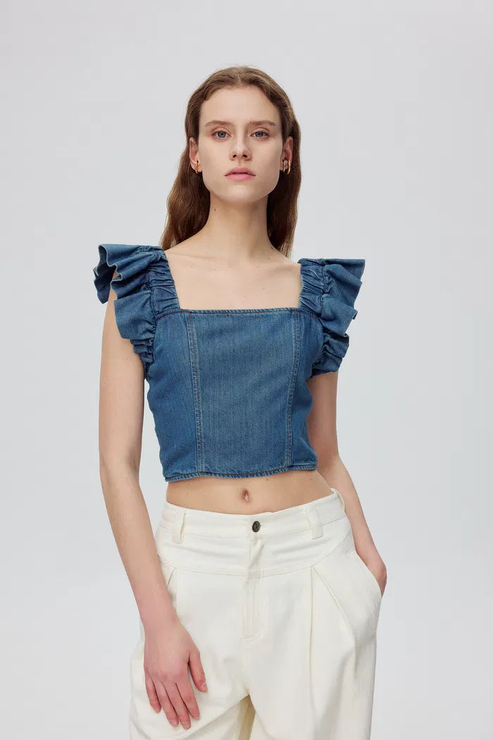 Carole Ruffle Strap Top in Tencel Denim