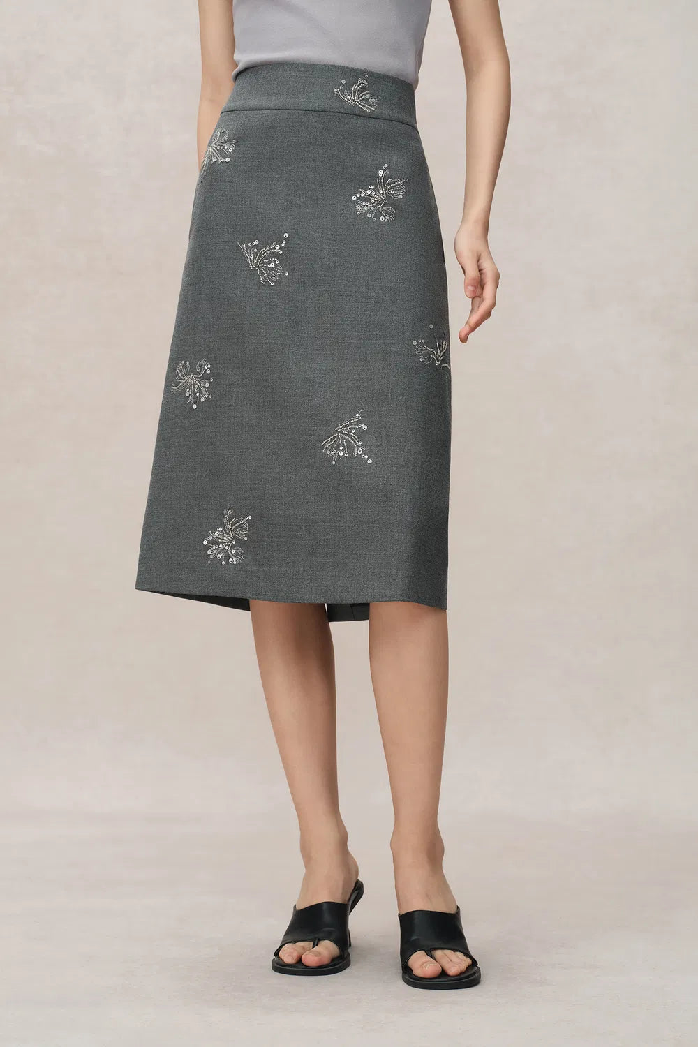 Beading Wrinkle Resistant Embroidered Skirt in Fine Worsted Wool