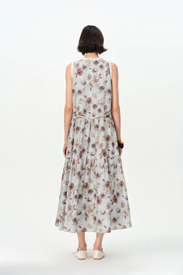 Sabrina Ruffle Hand Painted Flora Print Dress in Silk Cotton