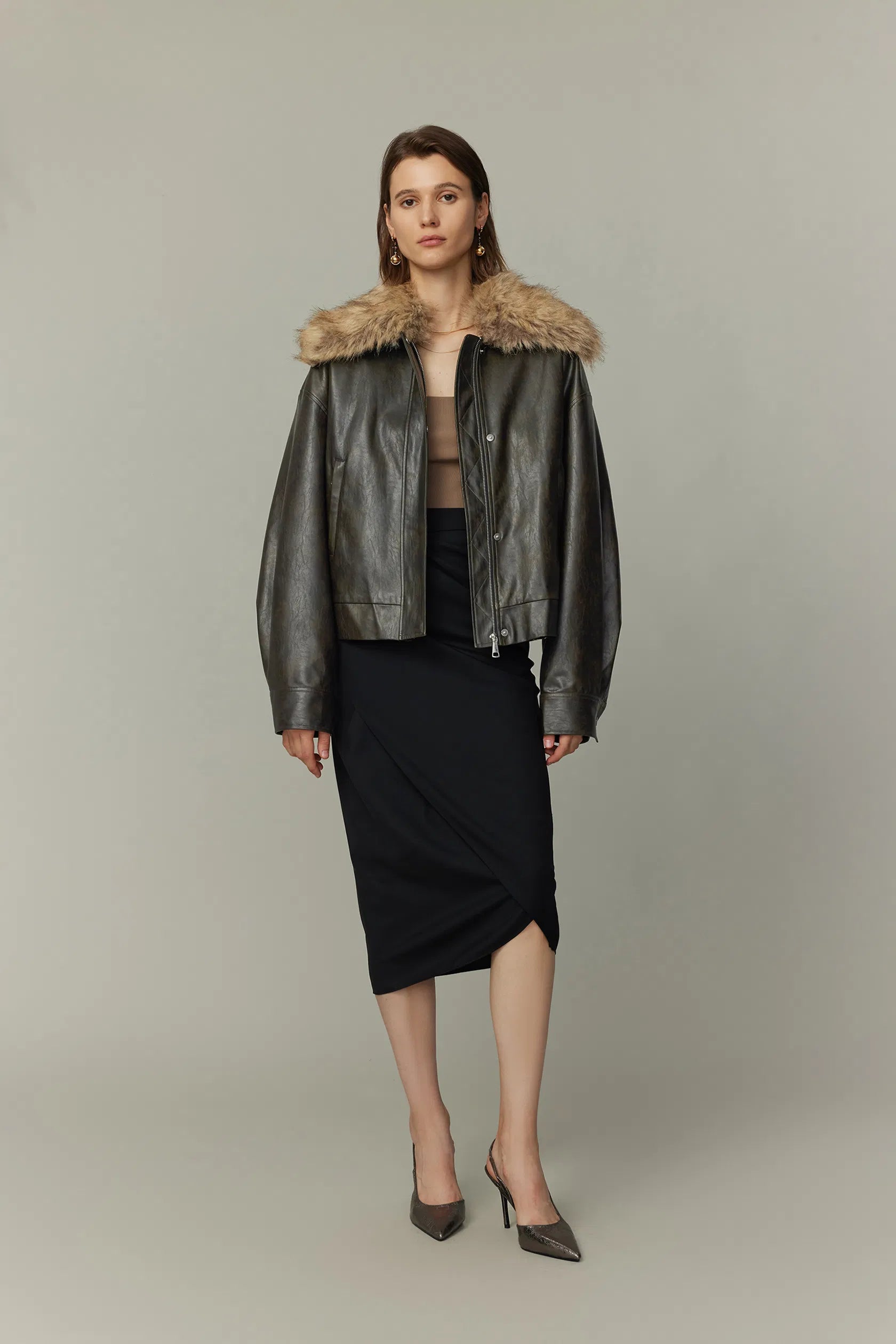 Ria Removable Quilted Lining Jacket in Vegan Leather with Faux Fur