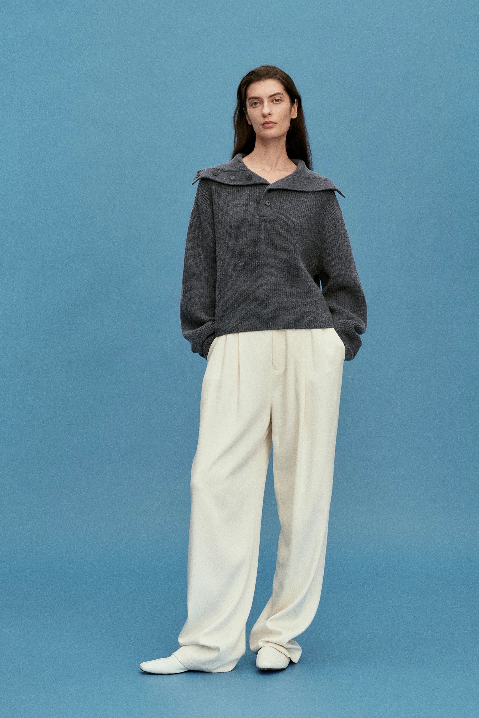 Perina Oversized Collared Pullover in Wool-Cotton Blend Knit