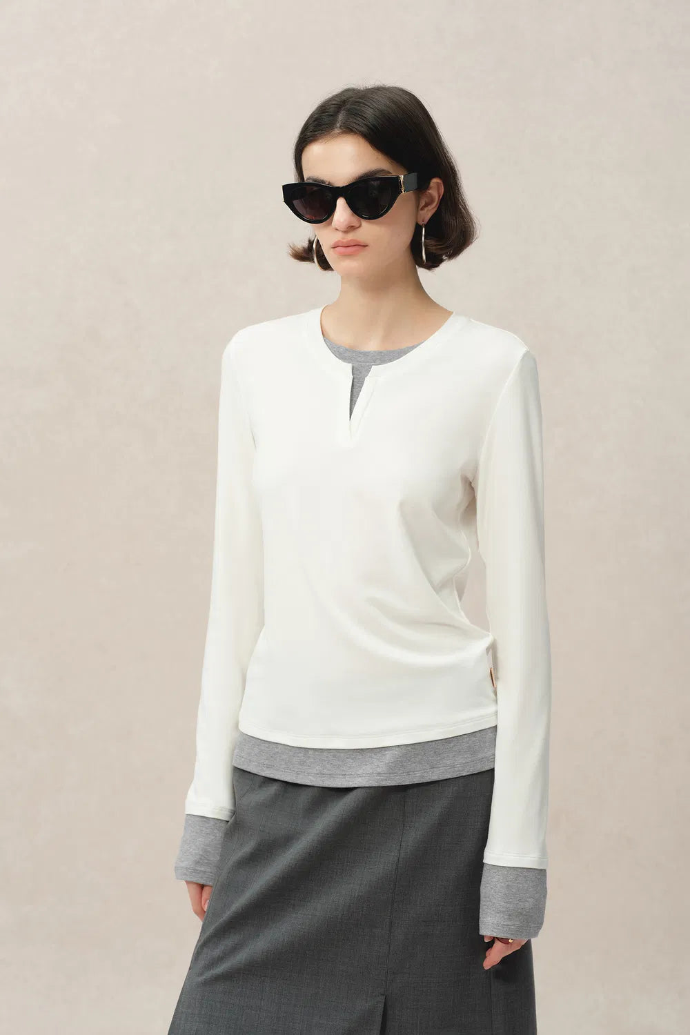 Maya White and Grey Layered Look Block Top in Tencel-Merino Tech