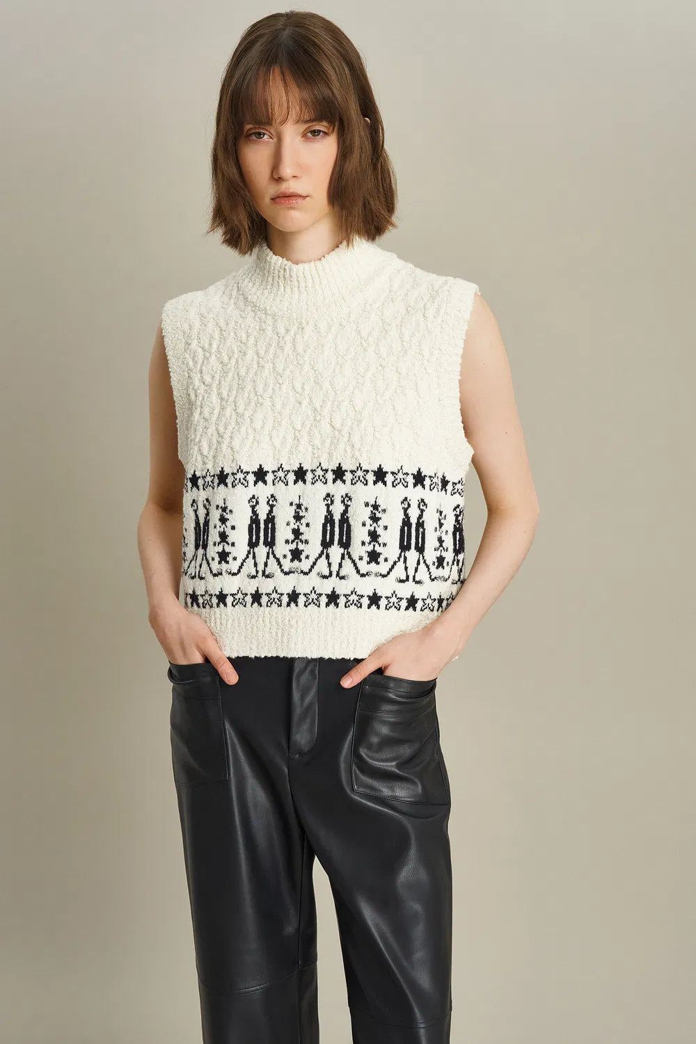 Star Walker Fair Isle Sleeveless Sweater in Wool Pom-Pom Yarn Knit