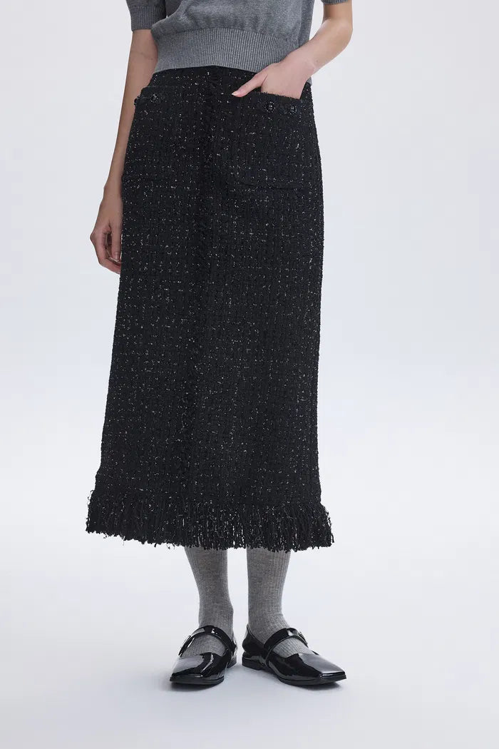 Orchidée Fringe Midi Skirt in Wool-Lurex Tweed