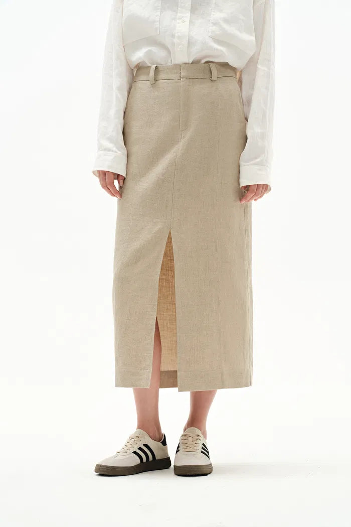 Lauren High Rise Midi Skirt in in Dew Retted French Linen