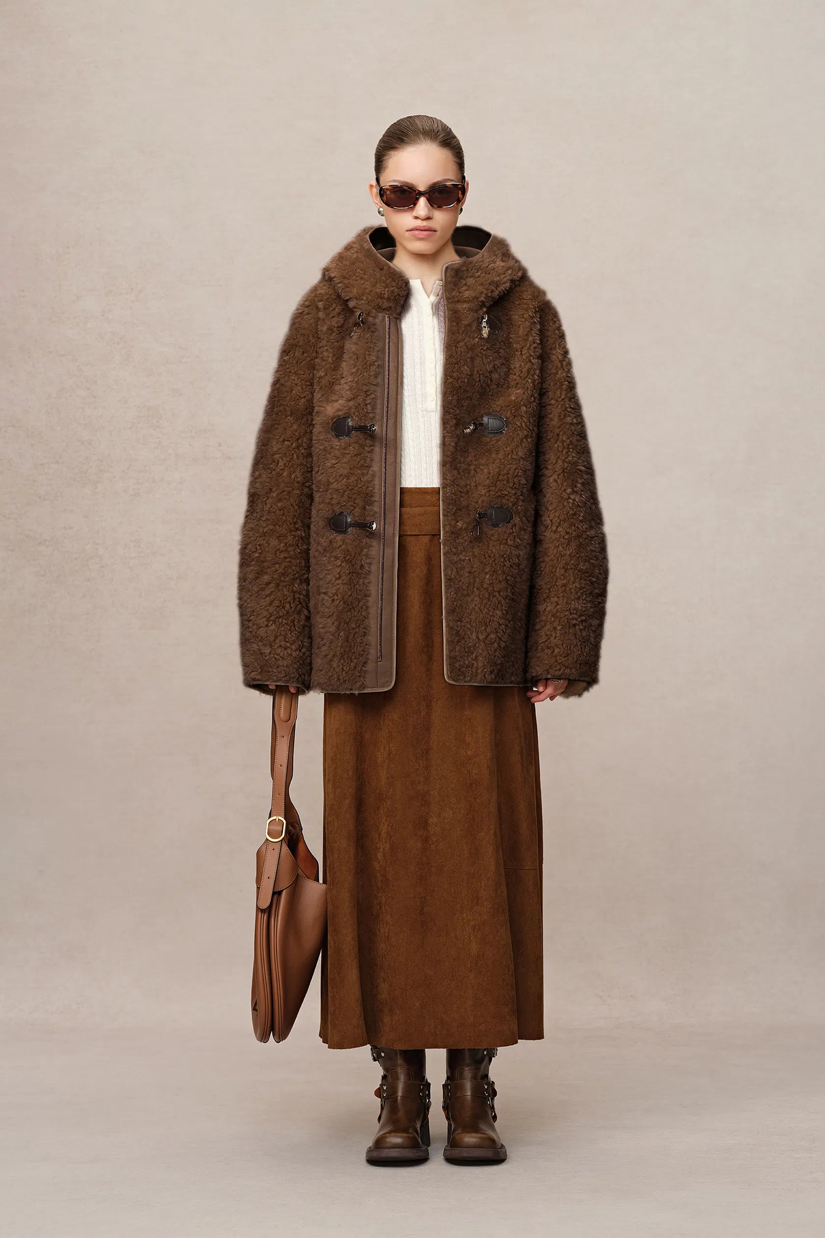 Clémence Shearling Hooded Coat in Vegan Leather and Wool Blend