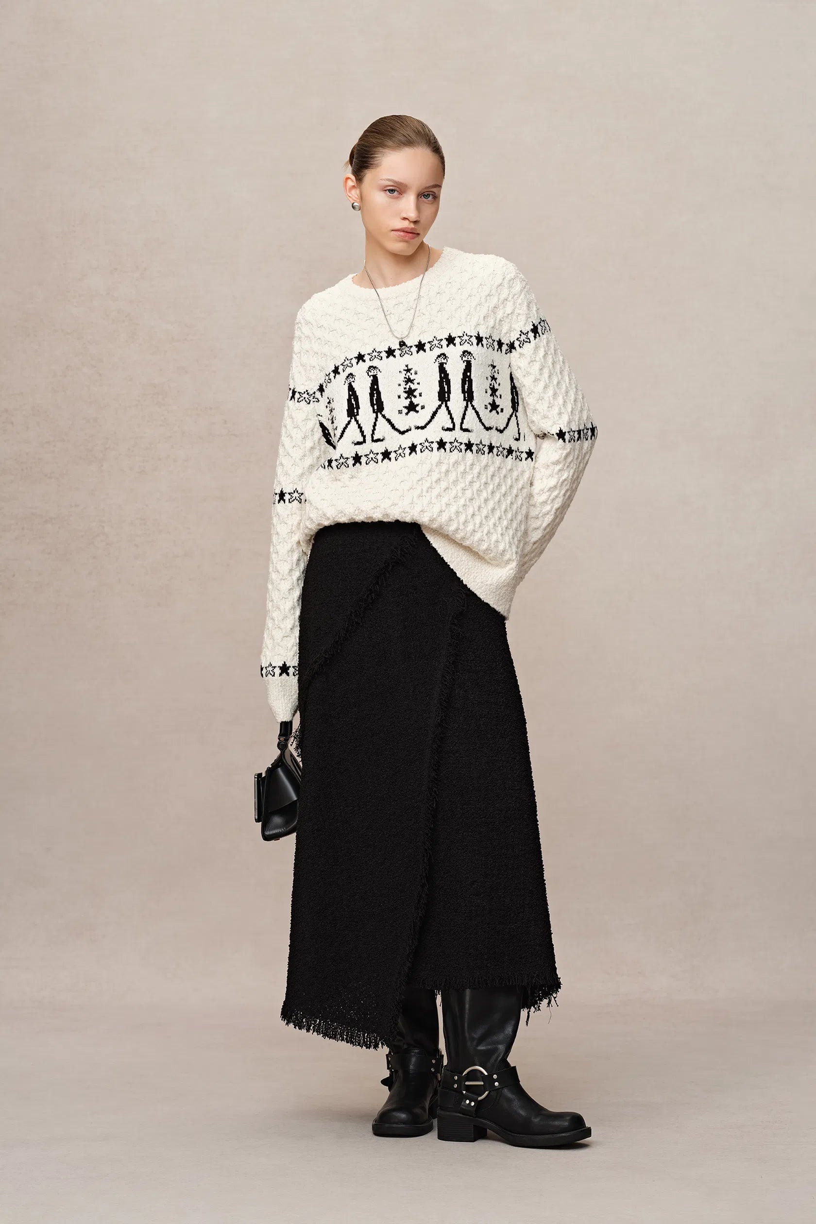 Star Walker White Fair Isle Pullover in Wool Pom-Pom Yarn Knit